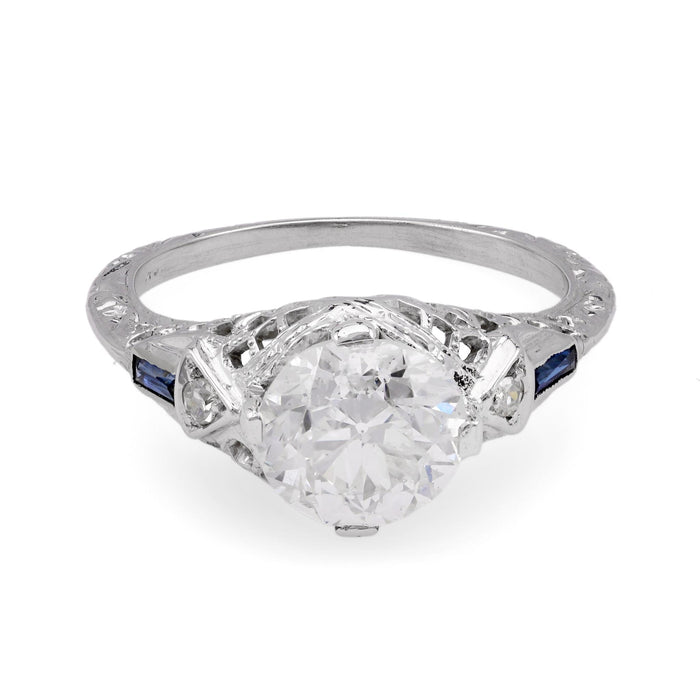 Art Deco GIA 1.66 Carat Old European Diamond Sapphire White Gold Engagement Ring