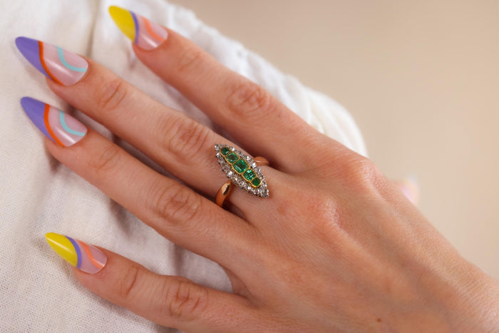 European Art Deco Emerald Diamond Yellow Gold and Platinum Navette Ring