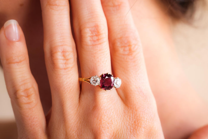 Antique 2.11 Carat No Heat Ruby Diamond 18K Yellow Gold Three Stone Ring