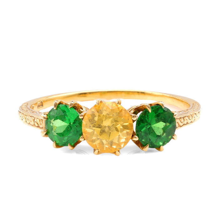 Victorian Yellow Sapphire Tsavorite 18K Yellow Gold Three Stone Ring
