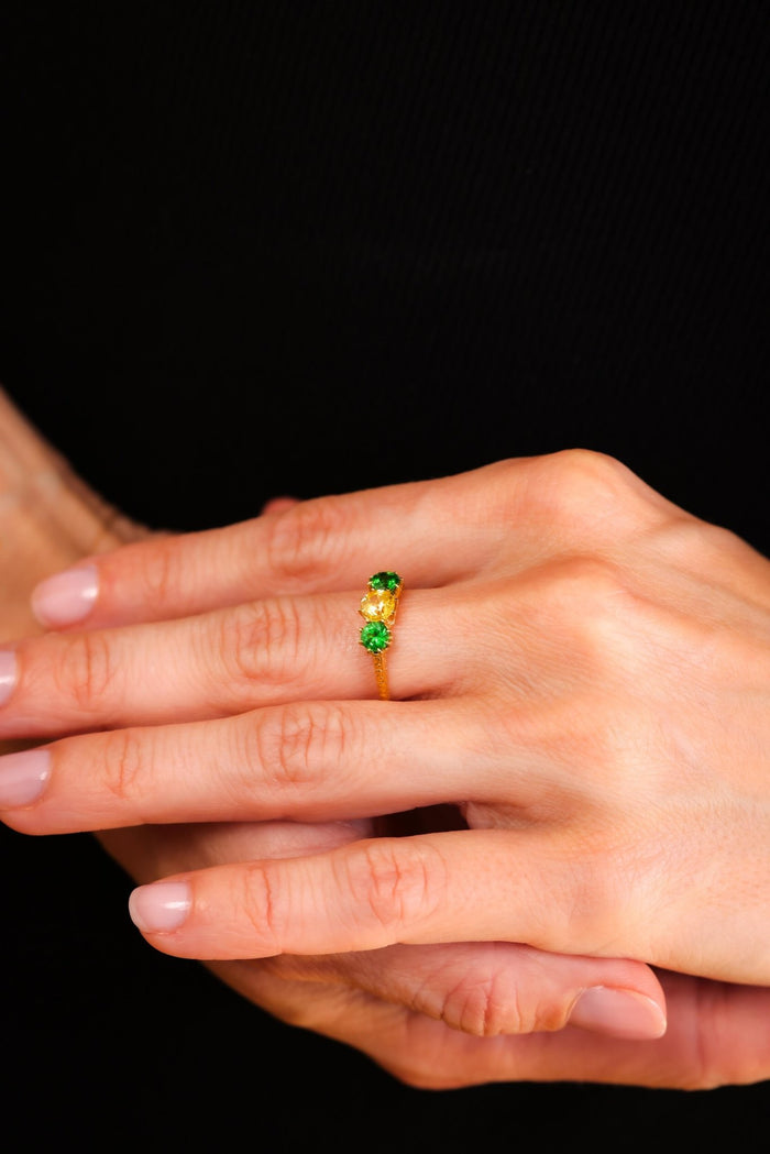 Victorian Yellow Sapphire Tsavorite 18K Yellow Gold Three Stone Ring