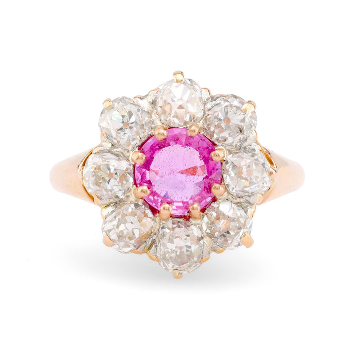 Victorian French Pink Sapphire Diamond 18K Rose Gold Cluster Ring