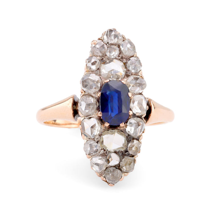 French Belle Époque Sapphire Diamond 18K Rose Gold Navette Ring