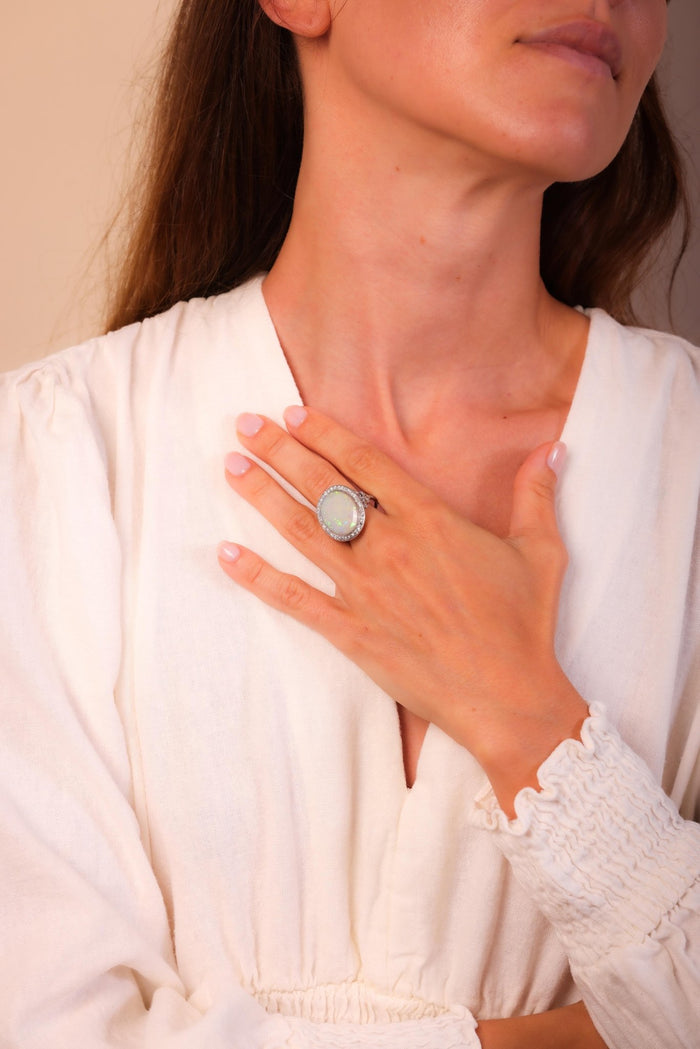 French Belle Èpoque 6.70 Carat Opal Diamond Platinum Cocktail Ring