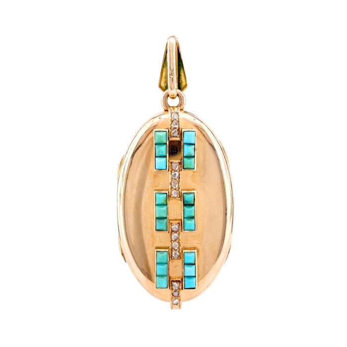 Victorian Turquoise Diamond 18K Yellow Gold Locket Pendant