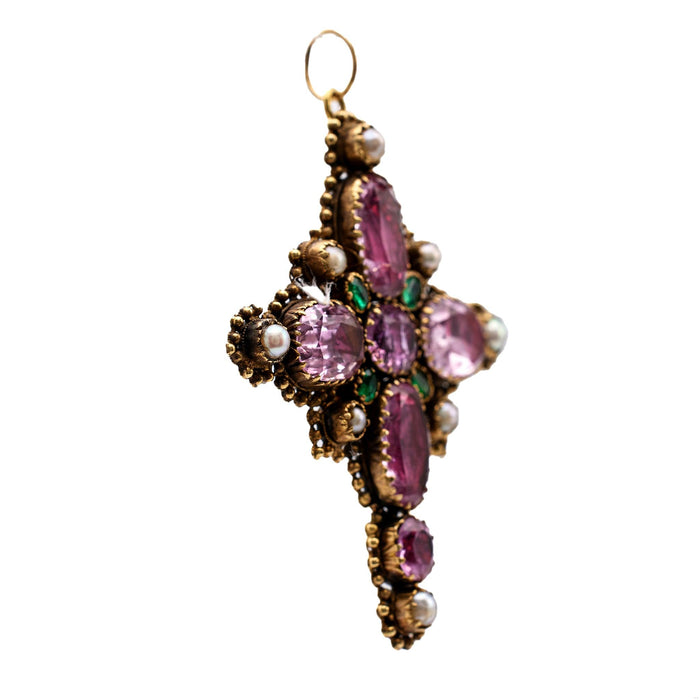 Georgian Foiled Back Pink Topaz, Emerald, and Pearl 14k Yellow Gold Cross Pendan