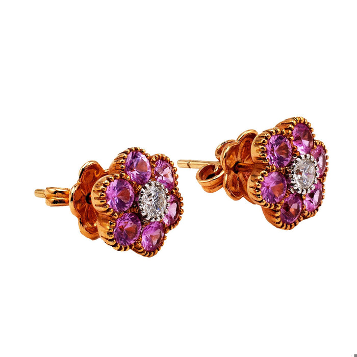 Pair of Vintage Pink Sapphire and Diamond 18k Yellow Gold Earrings