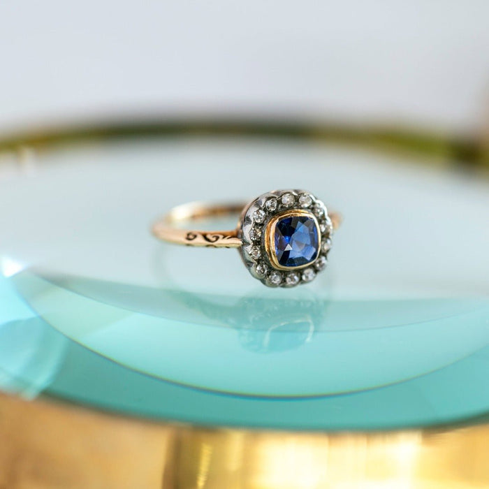 Antique Cushion Sapphire & Diamond Halo Engagement Ring | Tiffindell