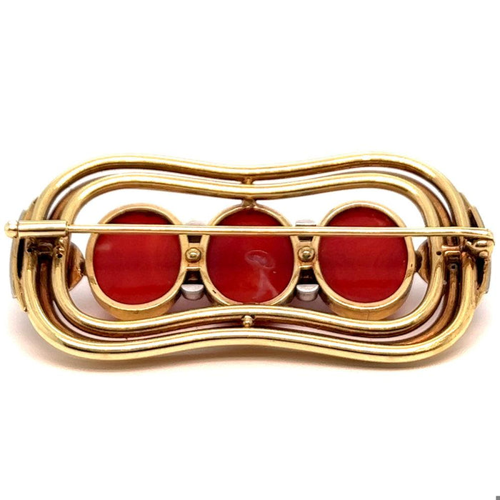Vintage Oxblood Coral Diamond 14 Karat Yellow Gold Brooch